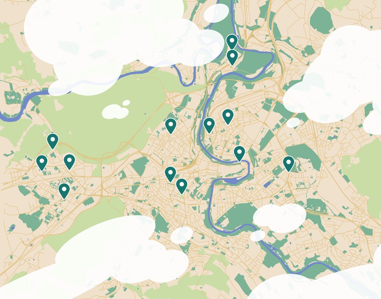 Stadtplan Bern mit allen Spielangeboten des Dachverbands für offene Arbeit mit Kindern in der Stadt Bern DOK